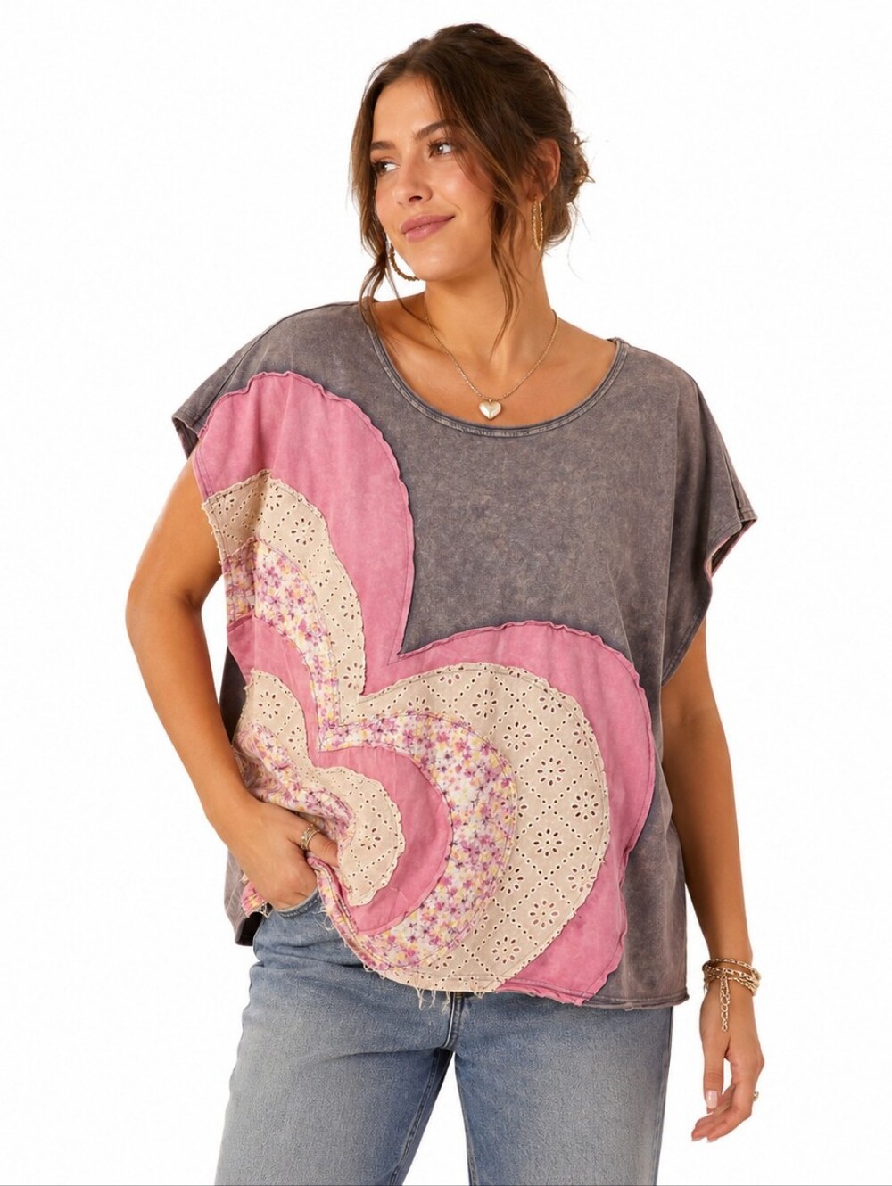 OLI & HALI Boho Mineral Wash Patchwork Eyelet Heart Oversized Tee Top M